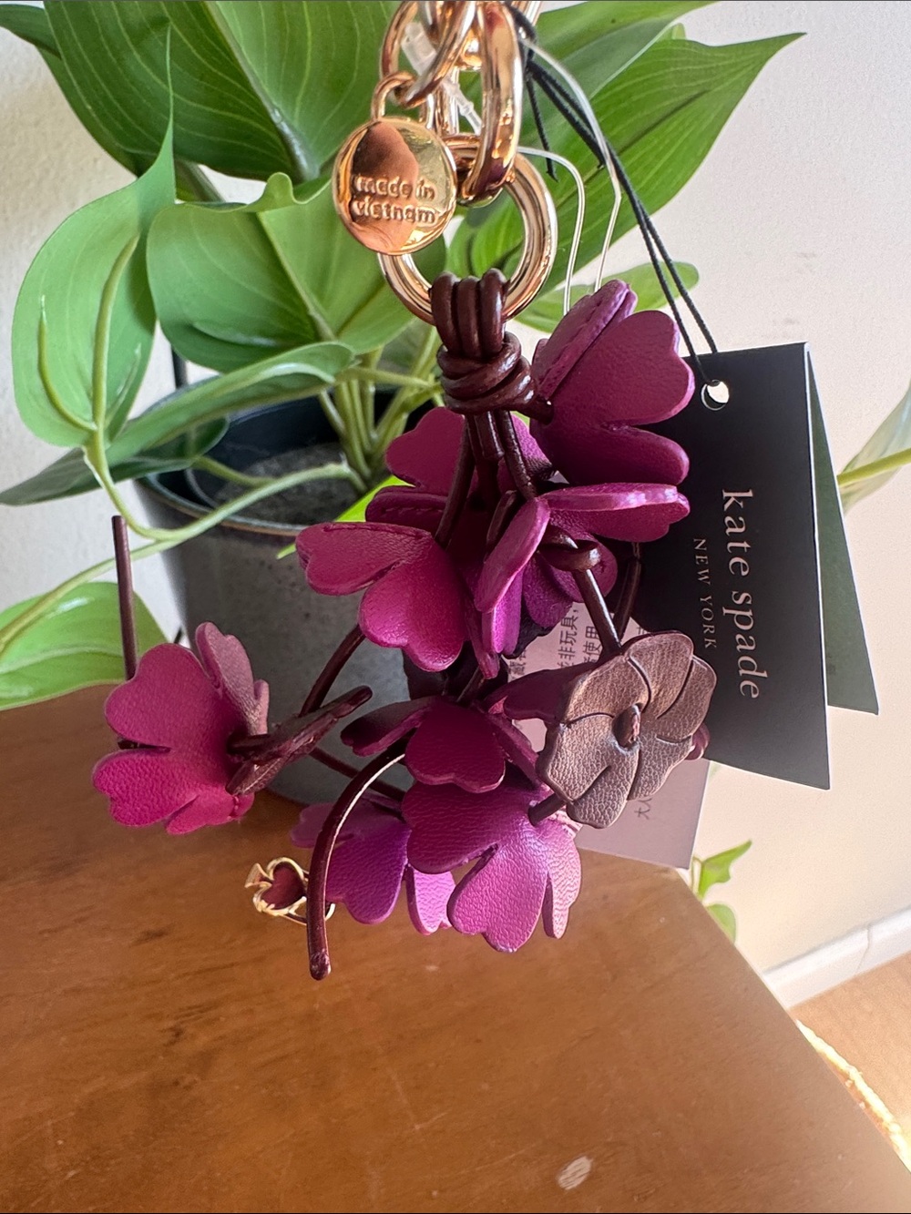 kate spade Magenta Floral Leather Key & Card Holder Charm